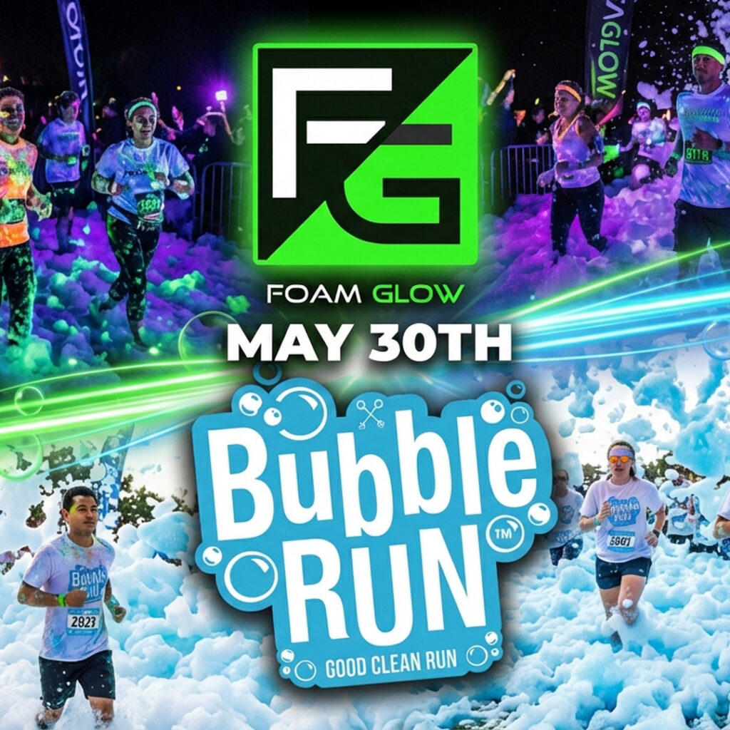 People run through foam. Bubble Run 5k May 30th at SeatGeek Stadium.